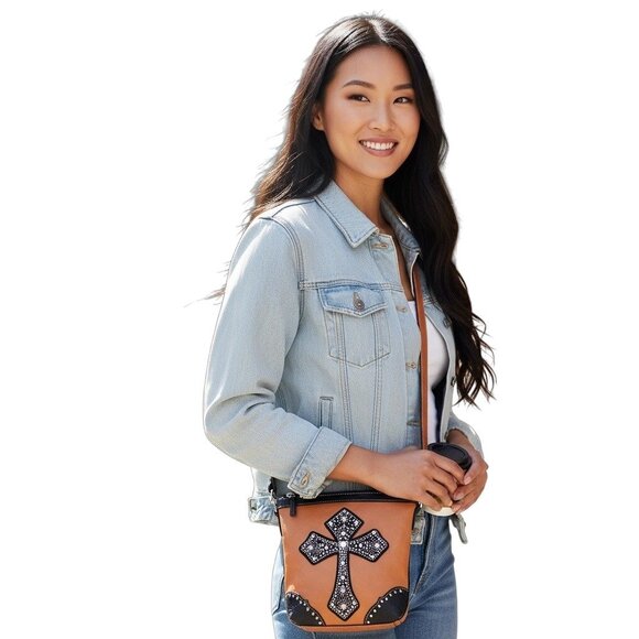 Western Crossbody Bag With Rhinestone Cross Design - Picture 1 of 9